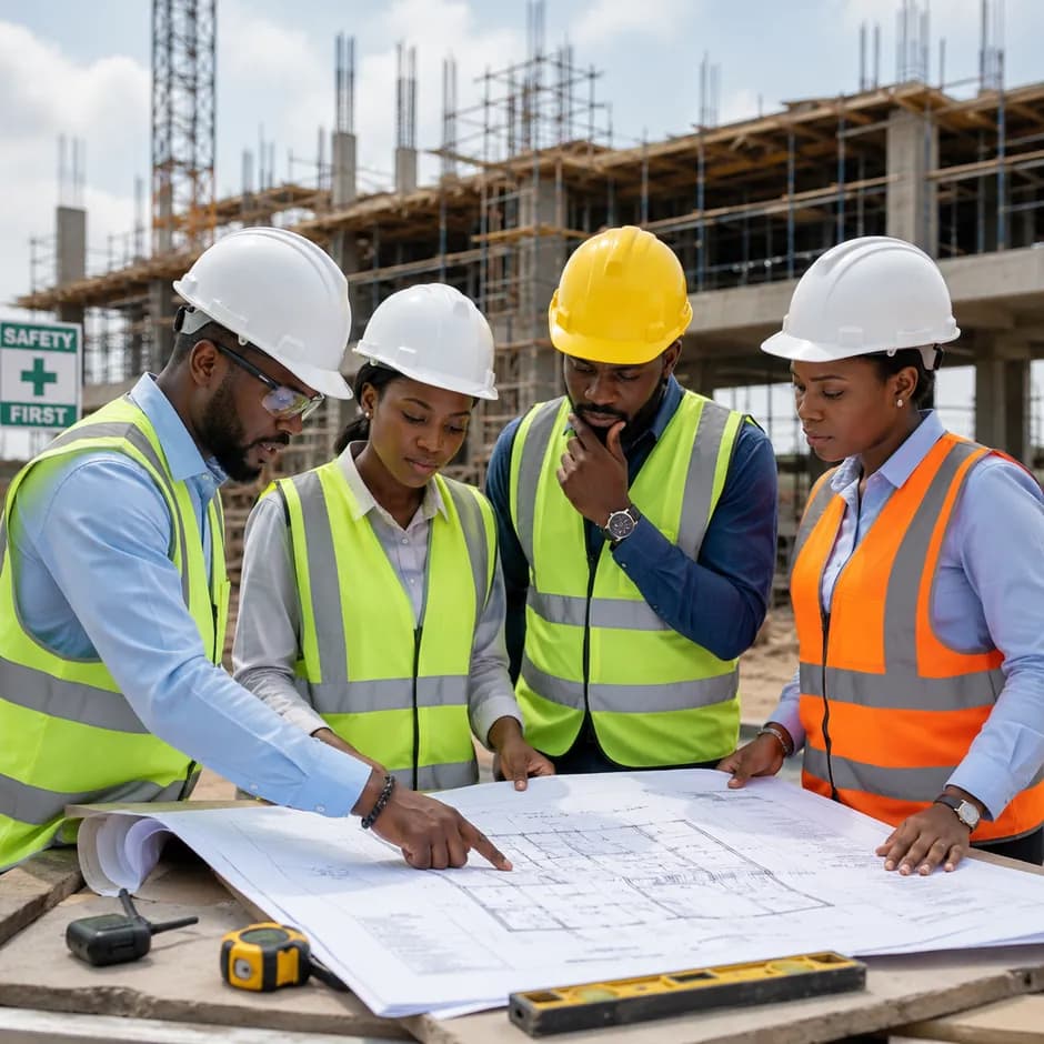 Engineers reviewing plans on a construction site