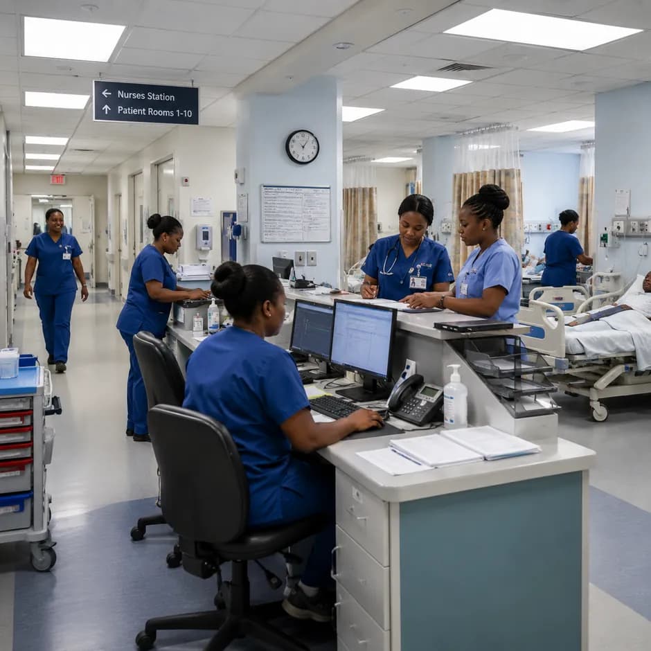 Nurses at a hospital nursing station